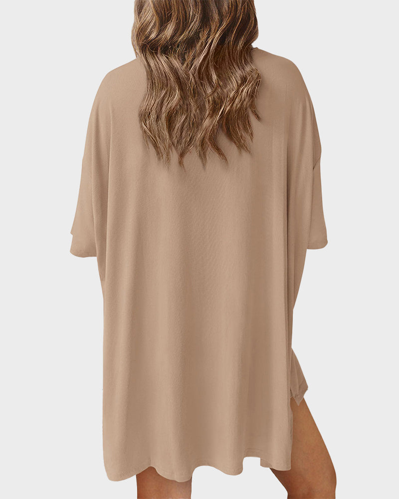 Casual Oversized 2-Piece Lounge Set with Crewneck & Split Hem